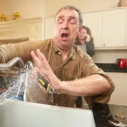 Person fixing a faucet with water spraying out, holding a wrench, in a kitchen