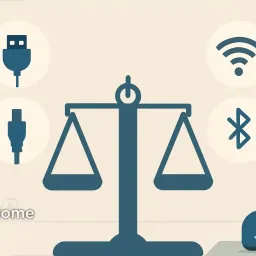 Stylized balance scale surrounded by icons for USB, HDMI, Wi-Fi, and Bluetooth representing smart home connectivity