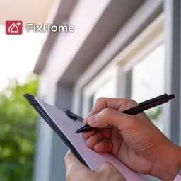 A home inspector writing on a clipboard with a pen outside a house, greenery in background. 