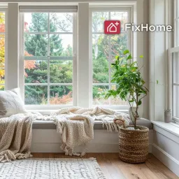 A cozy room with a large window with fall landscape behind, seat and bookshelves FHP