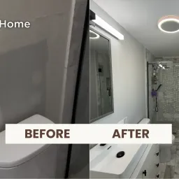 Bathroom painting in Deerfield, IL, before and after showing a tile, sink, and light fixtures