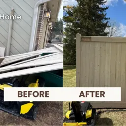 Before and after fence repair in Lake Zurich showing messy utility area on left and clean fence on right