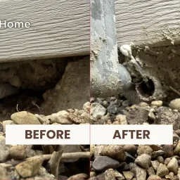 Before‑and‑after image of foundation gap sealing work, highlighting the repaired area beneath a Mundelein home exterior.