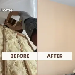 A drywall repair in Wheeling, IL, before and after. Left shows exposed insulation and frame, right shows a finished light brown wall