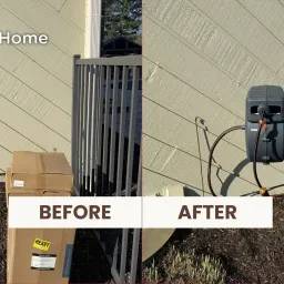 Professional Hose Reel Installation in Hawthorn Woods labeled "before" & "after." Comparison showing a cardboard box on the ground and a mounted hose reel