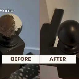 Before and after split-image of a restored staircase finial ball. The left side is chipped and worn, while the right side shows a smooth, restored finish.