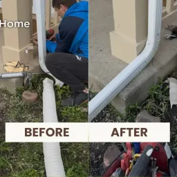 Downspout cleaning and rerouting in Mundelein, IL, before and after