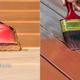 Split image showing a wooden deck being treated with stain versus paint with FixHomeplus logo