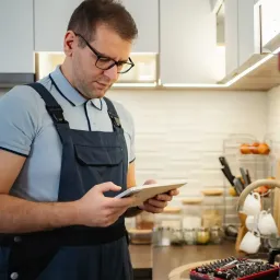 Handyman using a tablet to review a home repair service job in a kitchen